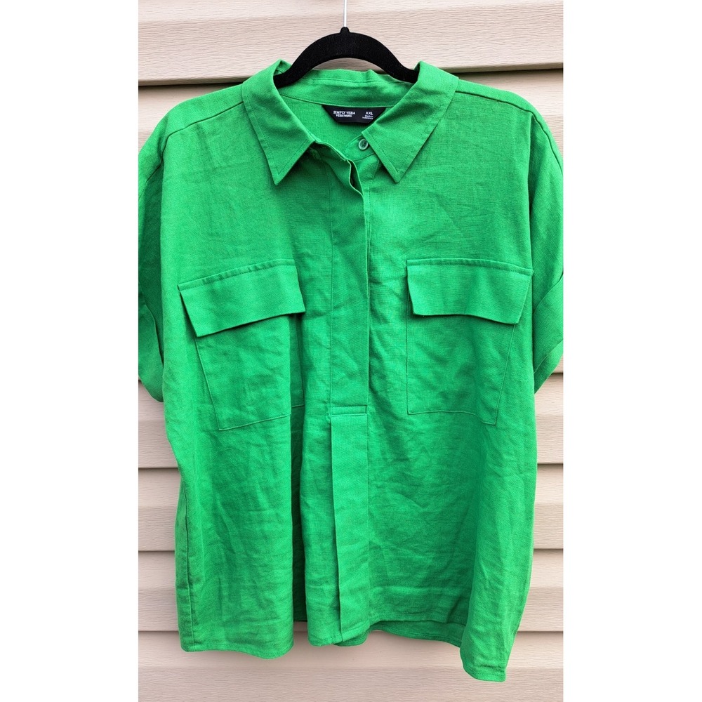 Simply Vera Wang Womens 2XL XXL Green Linen Blend Button Top Shirt Pocket Blouse